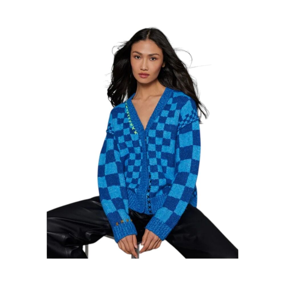 Lisa Todd Wool Blend Blue Gingham Cardigan Sweater Size Large